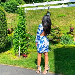 Sapphire & White Leaf Print Cascade Dress